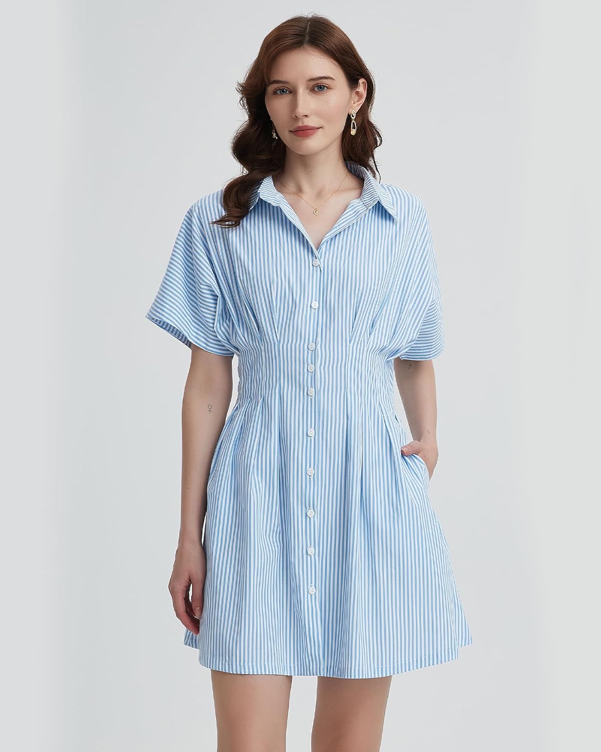 Women's Button Down Pleated Shirt Dress Short Sleeve Corset Waist Striped Summer Causal Mini Dresses - Image 2
