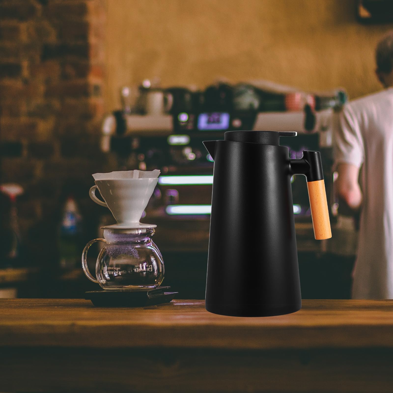 Thermoskanne 1000ml Schwarz mit Griff und Deckel Vakuumisolierte Glasflasche Hält Getränke Heiß oder Kalt Leicht und Stilvoll für Büro oder Zuhause