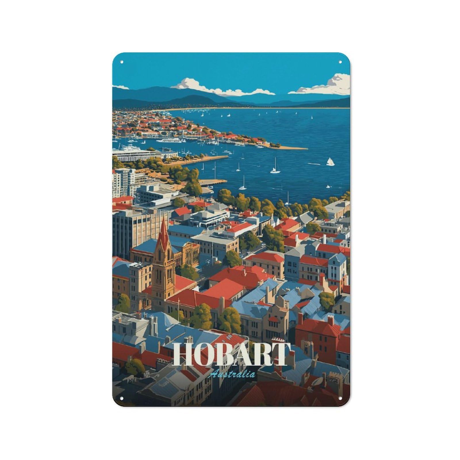 Junmoney Style-22 Hobart, Australia Cityscape Vintage Metal Wall Sign 30X20cm For Kitchen Or Home Bar, For Garage, Workshop And Man Cave Decoration