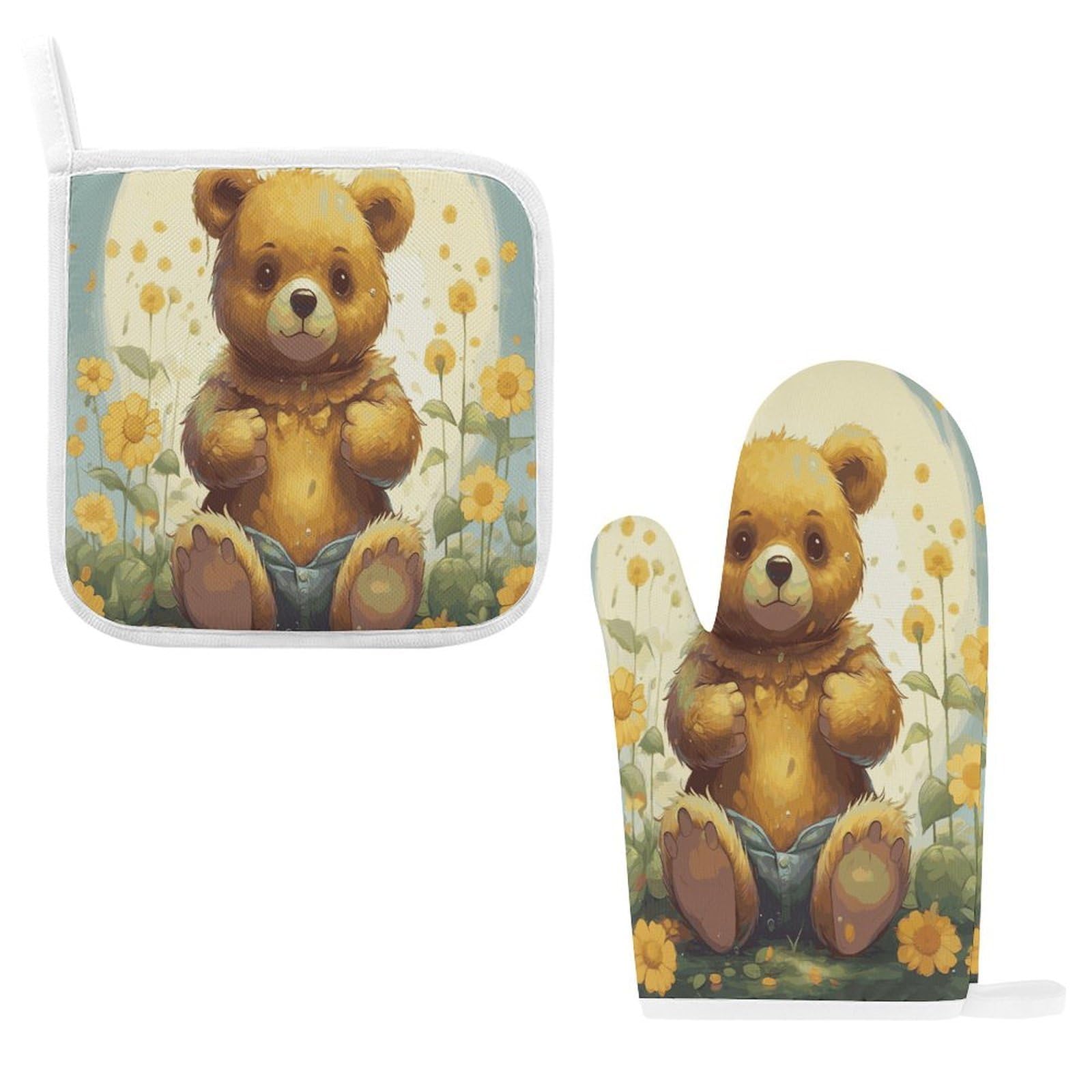 Fodpand Style Flower And Bear Oven Mitts And Pot Holders Sets