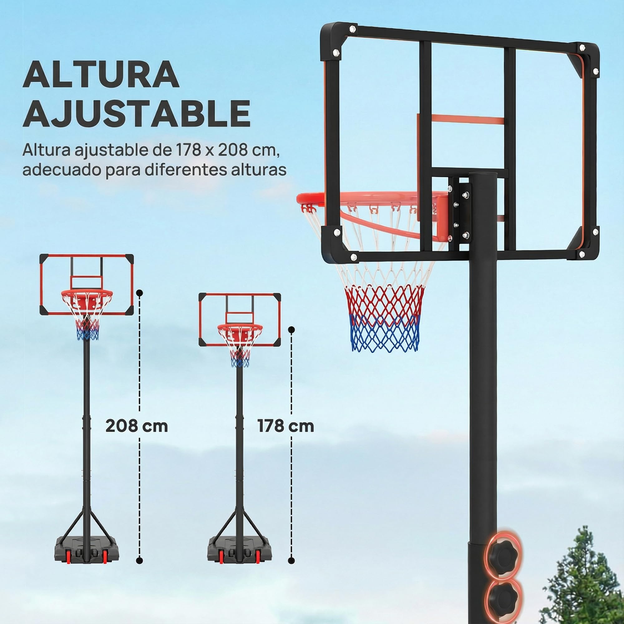 SPORTNOW Canasta de Baloncesto Exterior, Altura Ajustable 178-208 cm, Portátil con Tablero Irrompible