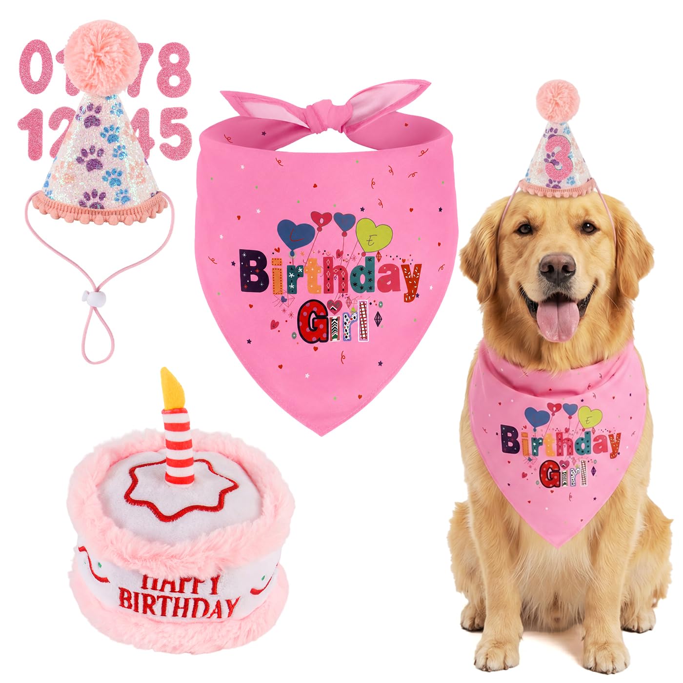 Wznnlt Dog Birthday Present Set with Squeaky Dog Birthday Cake Toy for Small Medium Girl Dogs, Puppy Birthday Bandana Number Hat, Pink Party Decorations
