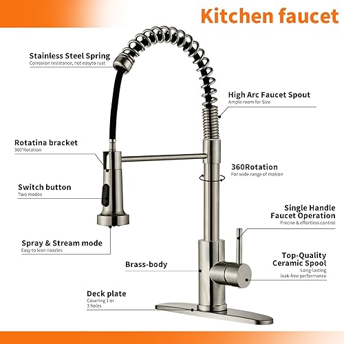 Miniatura 3 de Grifos de cocina, grifo de cocina de níquel cepillado con rociador extraíble, resorte industrial de una sola manija, grifo de fregadero de cocina de