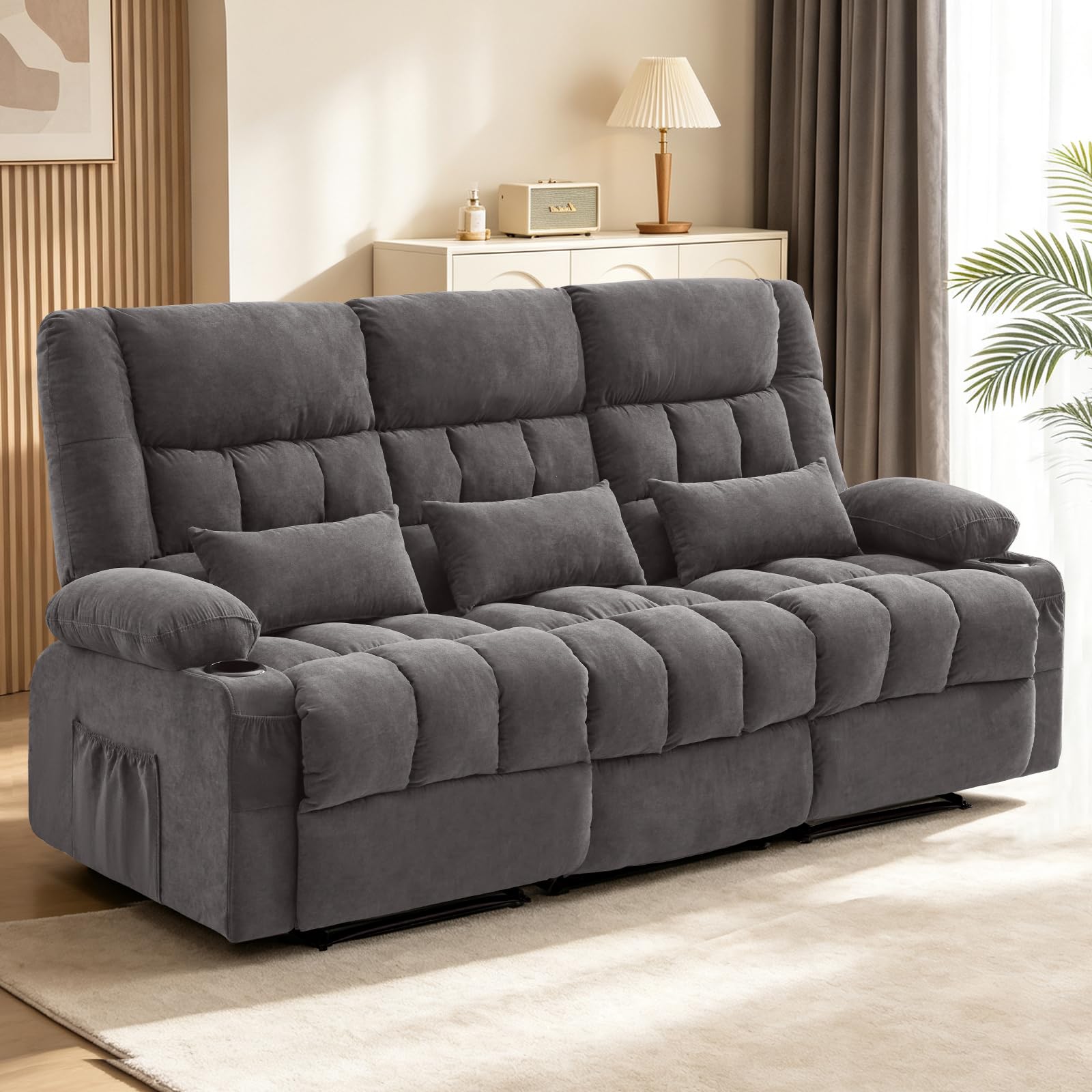 MAHOMICO Recliner Sofa with Cup Holders for Living Room 3 Seat Manual Oversized Recliner Chiar with Ergonomic, Side Pocket for Adult