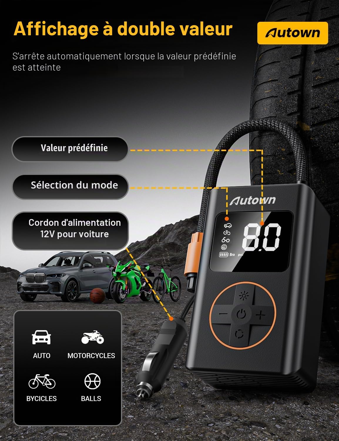 Compresseur À Air Portatif，AUTOWN 54pcs Kit Reparation Pneu Voiture avec Gonfleur Pneus Voiture Gonfleur Pneus Voiture Fil Mini Pompe Electrique Meche Pneu Crevaison Voiture Kit Anti Crevaison Voiture