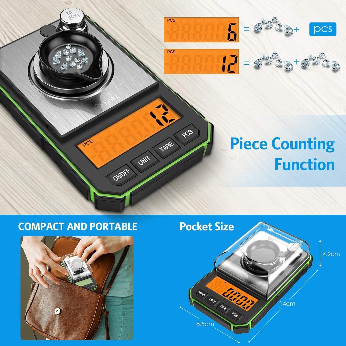 Brifit Bilancia micrometrica 0,001 g, 50 g / 0,001 g Bilancia Digitale con Display LCD, Scala delle Monete, Bilancia dei Gioielli con Peso di calibrazione di 50 g, pinzette e Ciotola di pesata -Verde