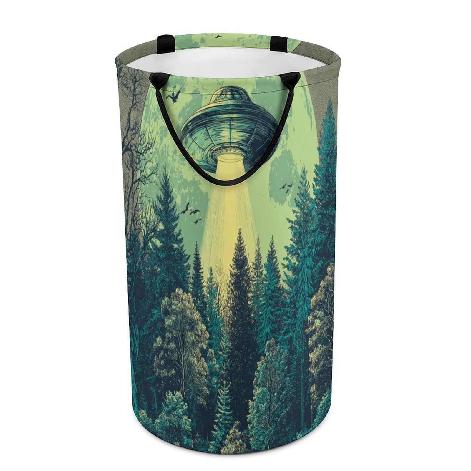 LUYYSKY Fantasy Watercolor Alien Spaceship Versatile Storage Laundry Basket, Modern Abstract Full Moon Pine Forest UFO Large Capacity Bathroom Hamper With Handle