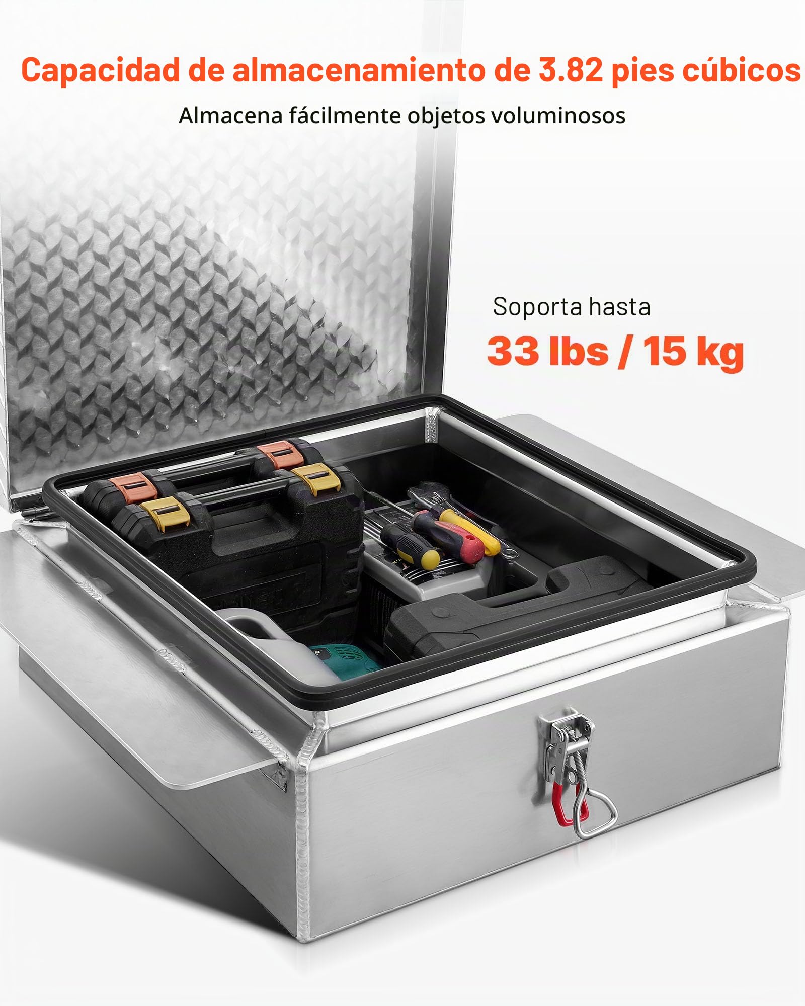 VEVOR Caja de Herramientas para Caja de Camión, Aleación Aluminio, con Placa de Diamante, Soporta hasta 100 kg, Ideal para Camión, Camioneta, Caja, RV, Remolque, 770 x 610 x 230 mm, Color Plata