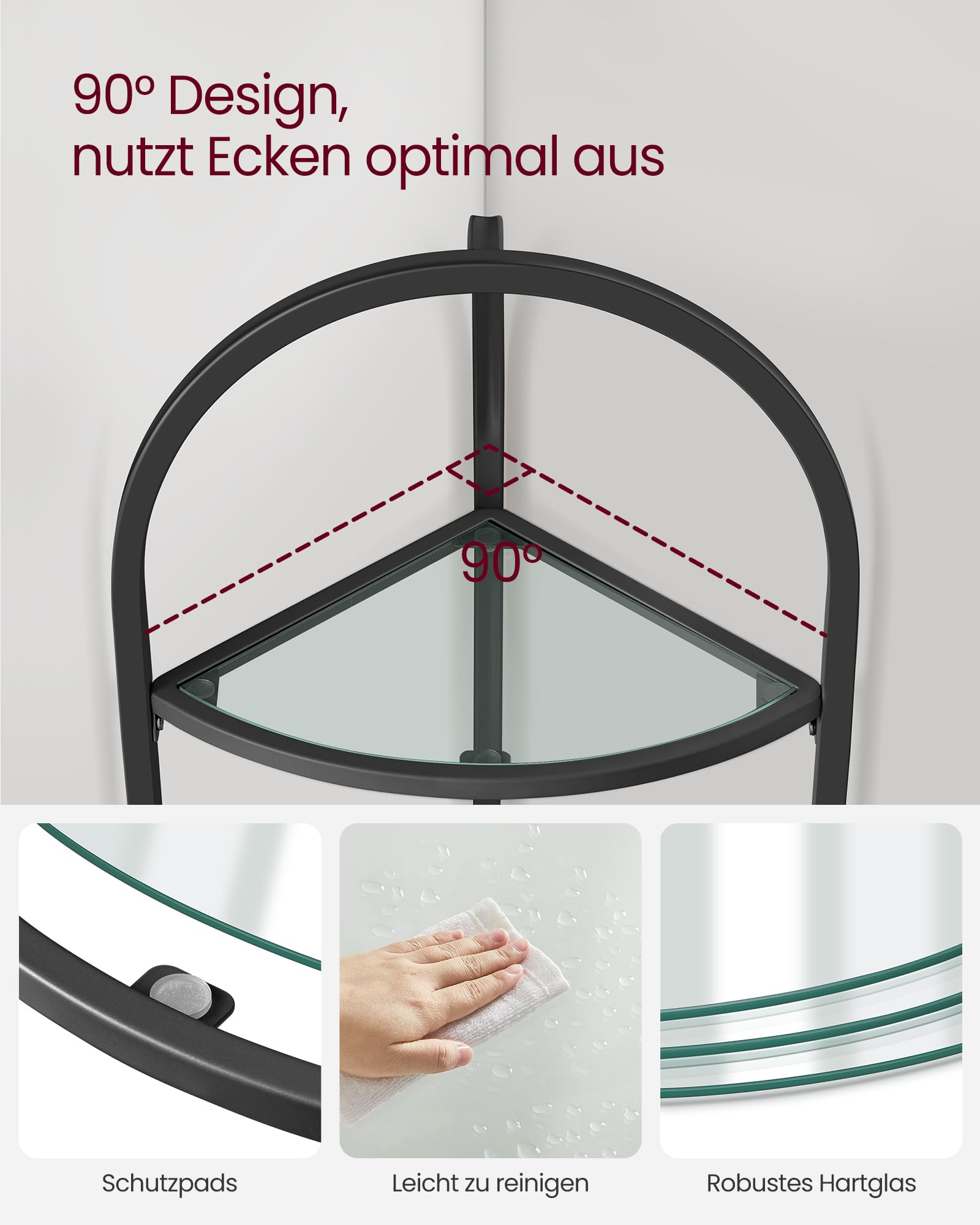 VASAGLE Eckregal 3 Ebenen, Bücherregal, Pflanzenregal, Standregal, Badezimmerregal, Ablagen aus Hartglas, Stahlrahmen, modern, für Wohnzimmer, Küche, klassikschwarz LGT811B61