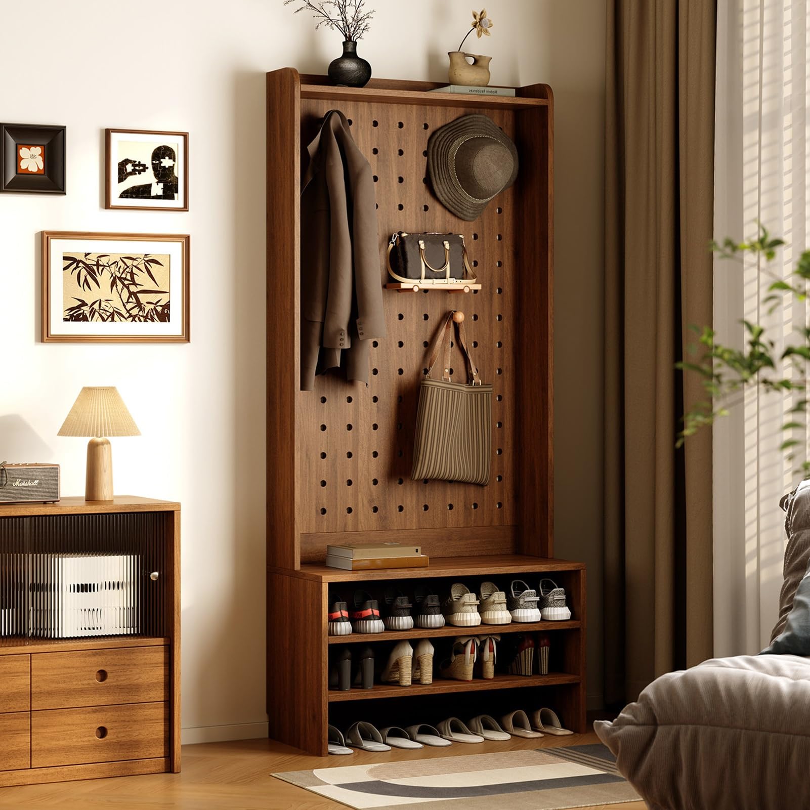 JHDXL 4 in 1 Appendiabiti da Ingresso con Scarpiera, Mobile da Ingresso con Panca, Organizzatore per Corridoio Camera da Letto Salotto(Brown,60 * 40cm/24 * 16in)