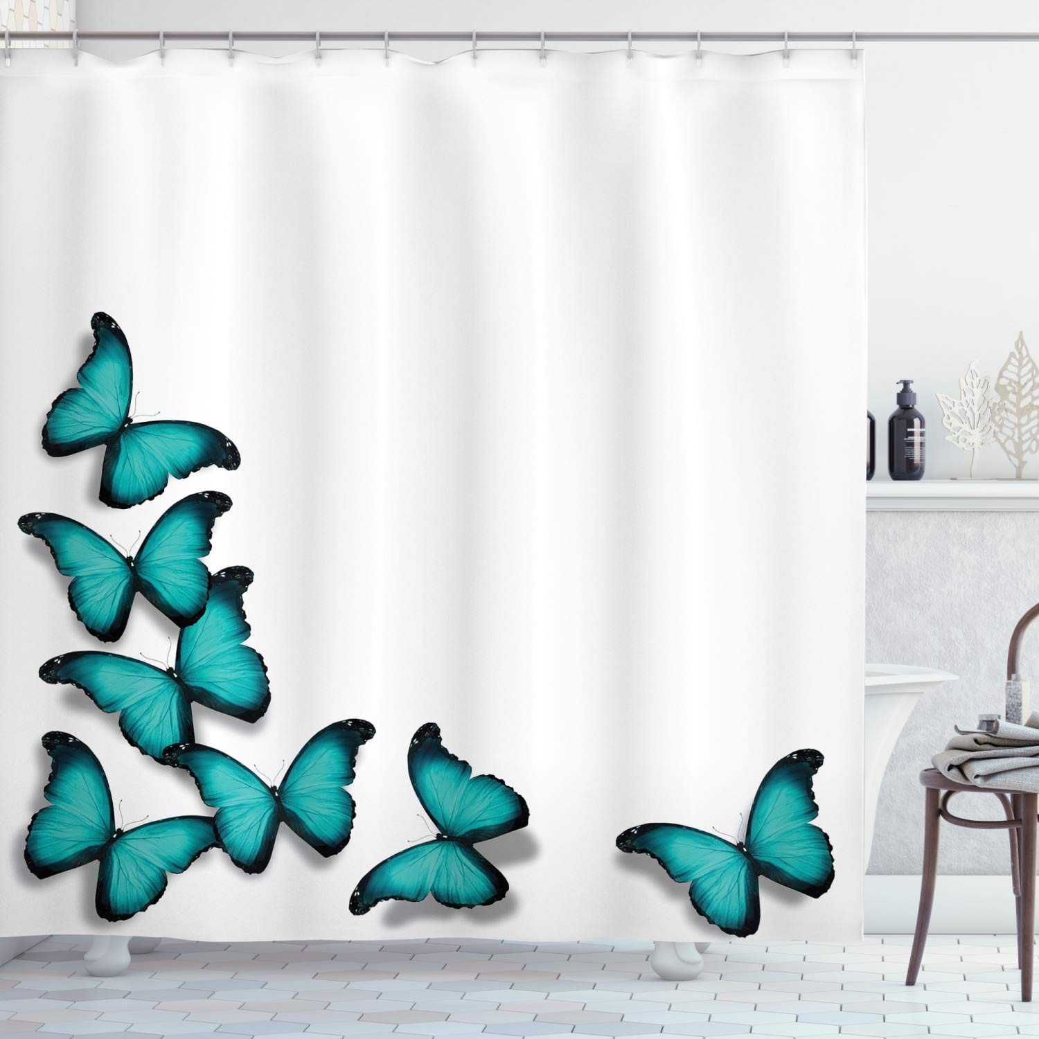 ABAKUHAUS Turquoise Shower Curtain, Butterflies Morphs Pattern Spring Sunny Day Warm Weather Free Enjoyment, Cloth Fabric Bathroom Decor Set with Hooks, 94 Inches, Black Turquoise โ image 1