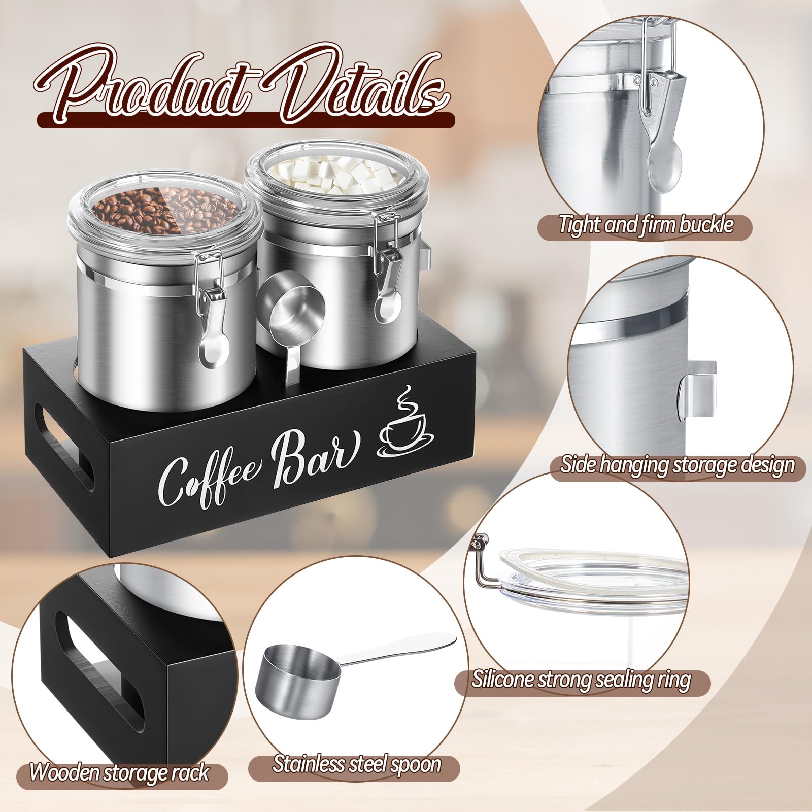 Maxcheck Kaffeedosen mit Ablage, 304 Edelstahl, Kaffeestation, Behälter für gemahlene Kaffeebohnen, mit luftdichter Verschlussklemme und Schaufel, Küchen-Lebensmittel-Vorratsdosen (Silber), 2 Stück