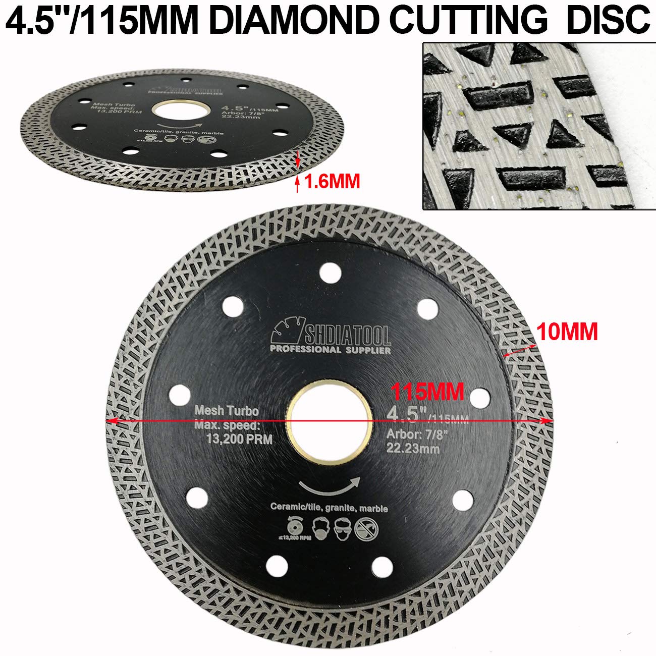 SHDIATOOL Disco Diamantato 5 Pezzi 115mm con Mesh Turbo per Porcellana Piastrella Ceramica Granito Marmo