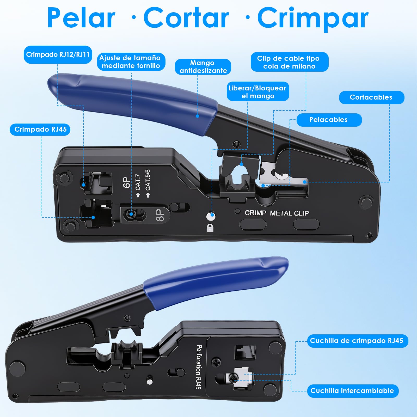 Juego de herramientas de red RJ45, pase de crimpado para Cat7 Cat6 Cat5, probador de cable LAN, herramienta LSA, 10 x clavijas RJ45, 4 x conectores sin herramientas Cat7, para RJ11 RJ12