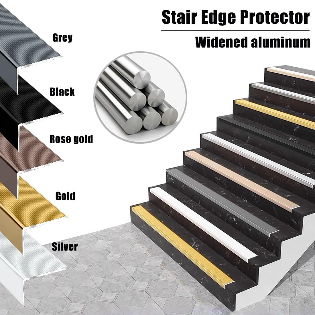 Nariz de metal para escalera, 100/120/130 cm, perfil de borde antideslizante para uso en interiores y exteriores (oro rosa, 120 cm/4 pies) – Protector de peldaños de escalera de seguridad