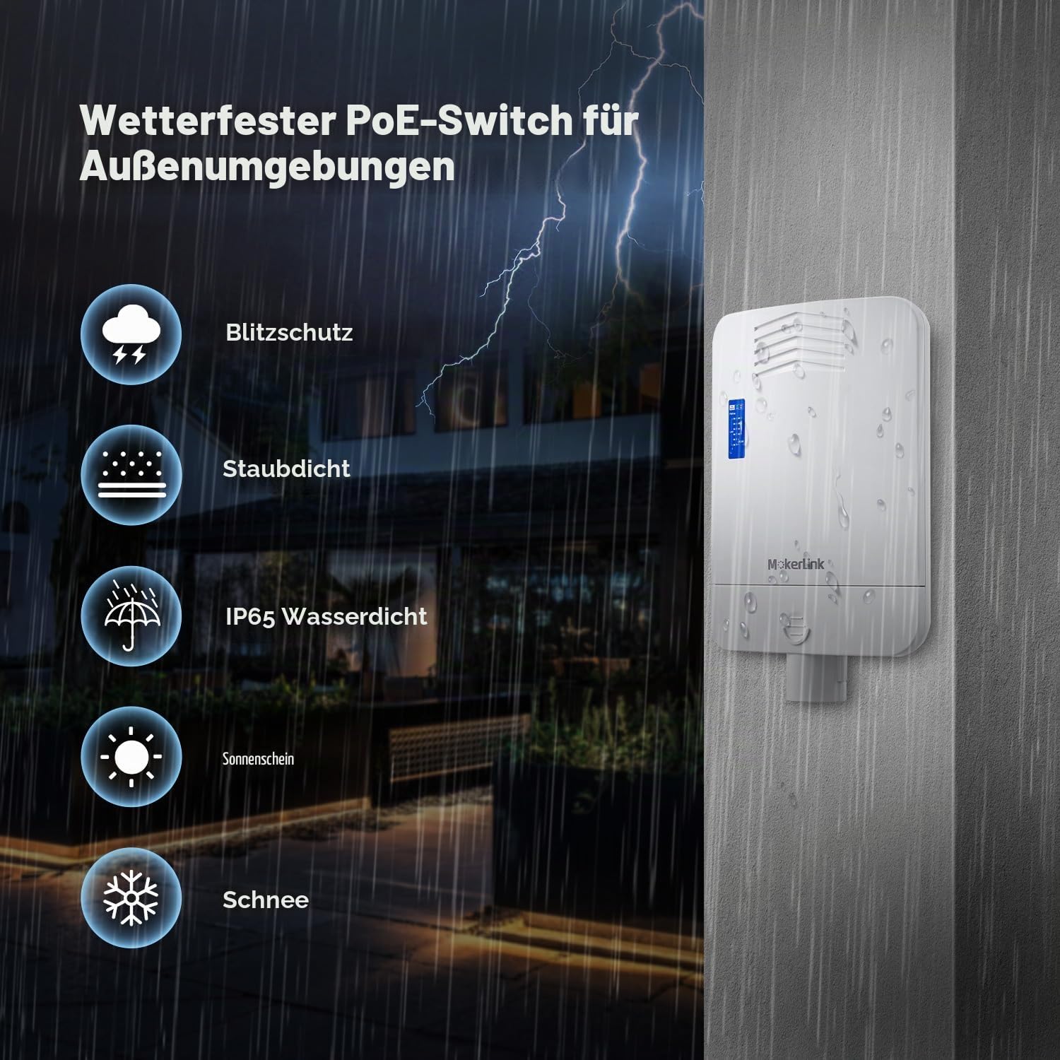 MokerLink Outdoor 10 Port Gigabit PoE Switch, 8 Gigabit PoE, 2 Gigabit SFP, 96W IEEE802.3af/at, IP65 Weatherproof Plug und Play Netzwerk Switch