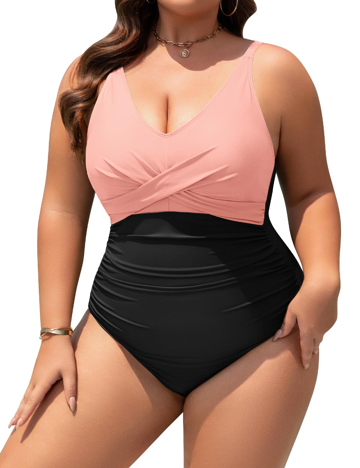 Vijamiy Badeanzug Damen Große Größe Bauchweg One Piece Swimsuit Sexy V Ausschnitt Push Up Große Oberweite Bademode Pool-Strand Schwimmanzug L-4XL