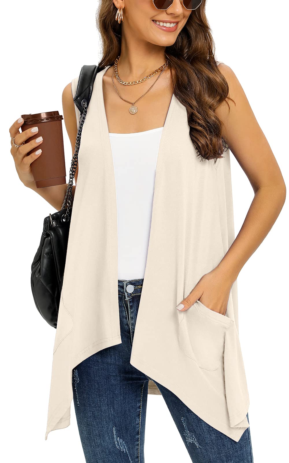 Cardigan alla moda, senza maniche, da donna, leggero, con tasche, casual, morbido e aperto, a maniche corte, a collo alto