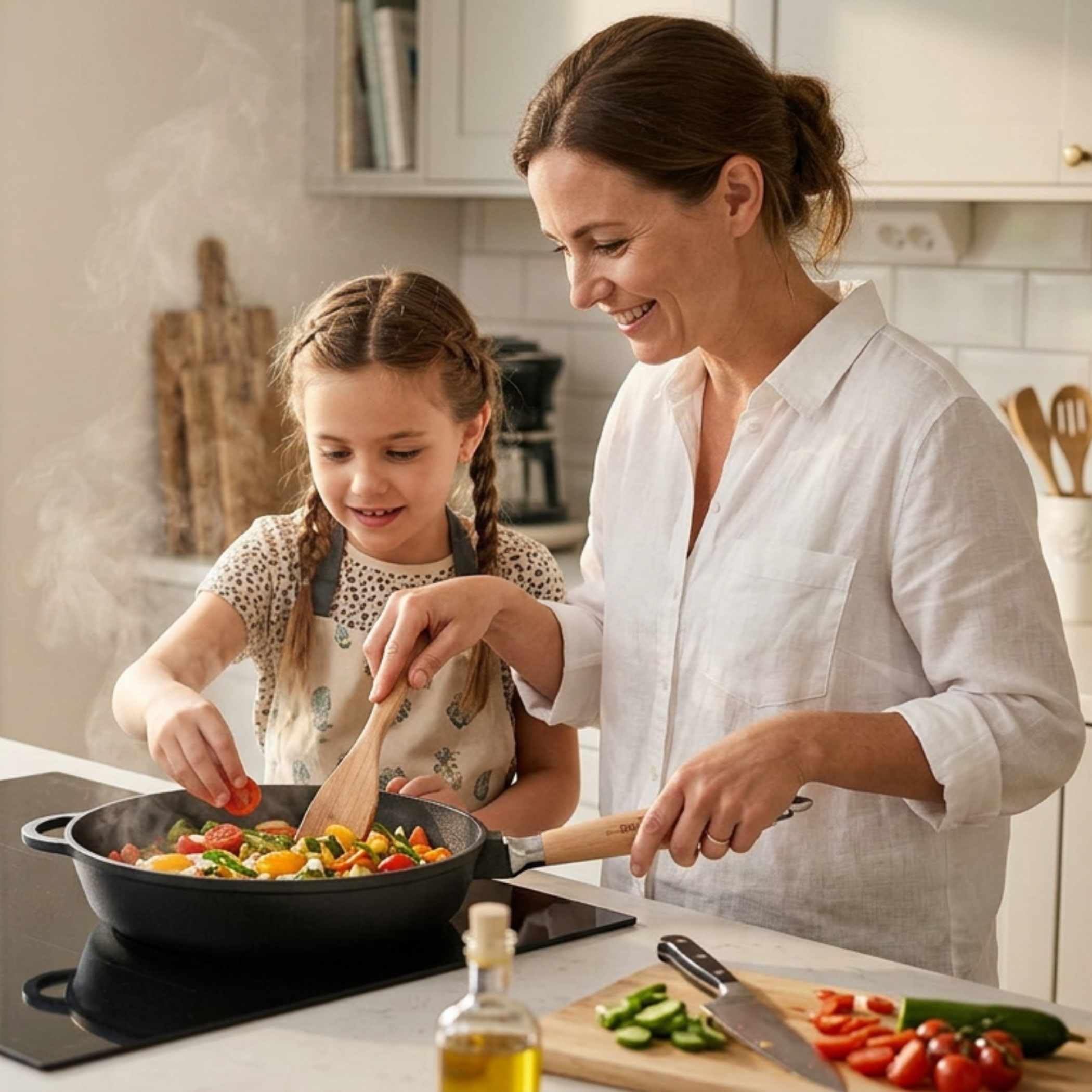 Premium Gusseisenpfanne Induktion 28 cm Pfanne Gusseisen UNBESCHICHTET sandgestrahlt universell Cast Iron Pan für alle Herdarten kratzfest Bratpfanne backofenfest Gusspfanne Eisenpfanne