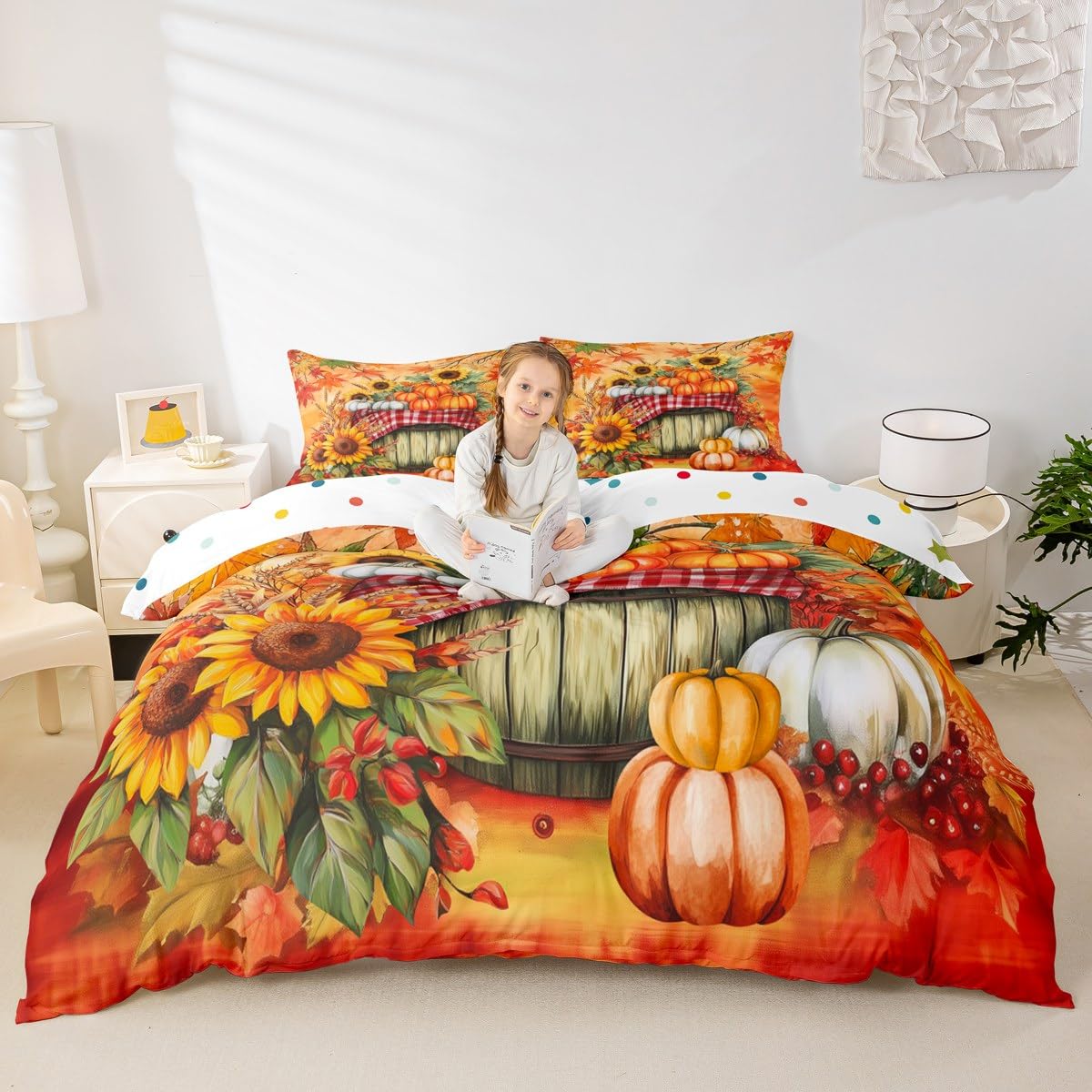 Fall Pumpkin Harvest Duvet Cover Set King Size,Sunflower Maple Leaves Autumn Bedding Set,Kids Boys Girls Adults Cabin Decor,Thanksgiving Day Comforter