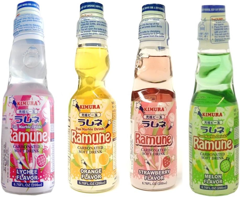 Japanese Ramune 200ml Set of 4 Flavours Melon | Strawberry | Lychee | Orange　ラムネ メロン｜ストロベリー｜ライチ｜オレンジ 4種セット
