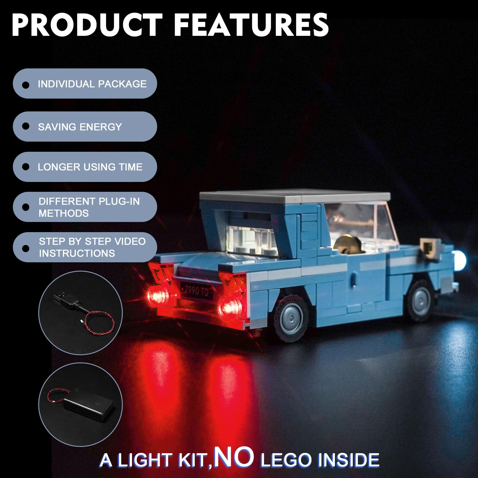 Led Light Set for Lego Flying Ford Anglia (No Lego), Decoration Lighting Set for 76424 Creative Toys, Blue, 10.5 cm x 15.5 cm x 3 cm - Image 4