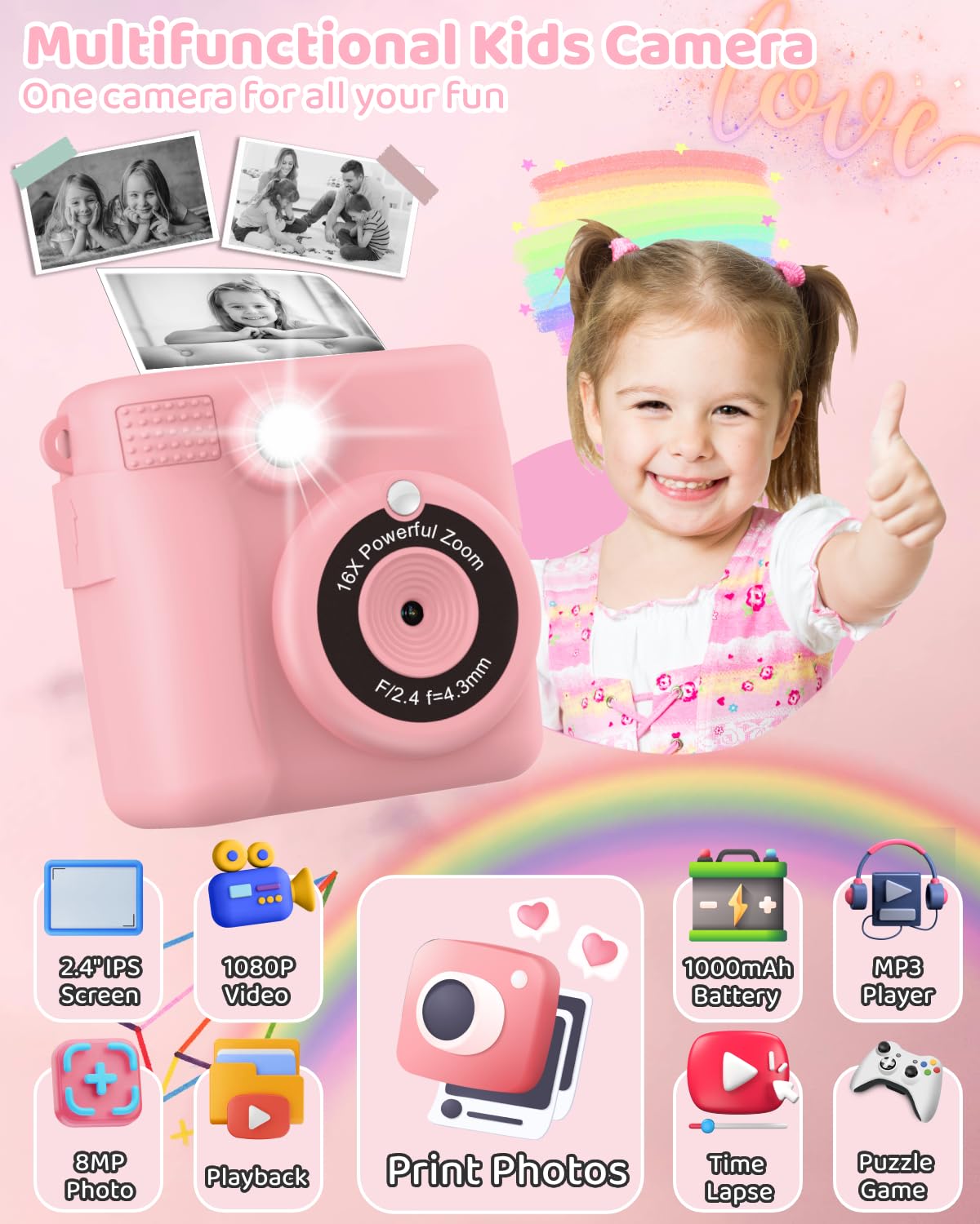 Cámara de impresión instantánea para niños con 3 rollos de papel de impresora, cámara digital 1080P para niños de 3 a 12 años con tarjeta SD de 32 GB, regalos de Navidad y cumpleaños para niñas y
