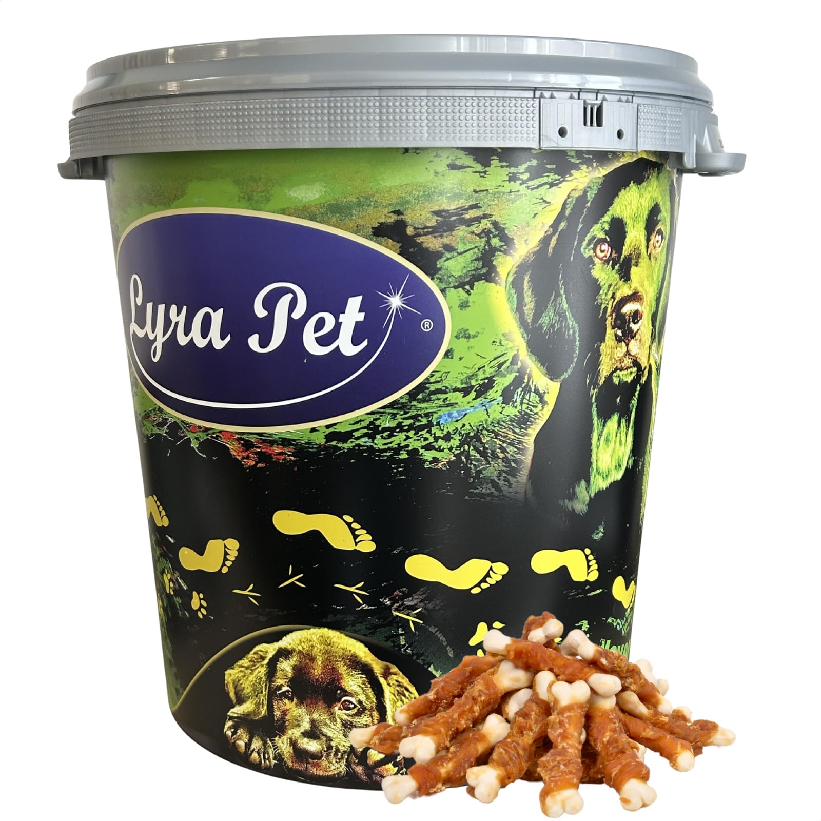 Lyra Pet® 5 kg Calciumknochen mit Hühnerbruststreifen in 30 L Tonne | Leckerli für Hunde - Kauartikel mit Huhn - Proteinreiche Belohnung - Gut bekömmliches, fettarmes Hundefutter