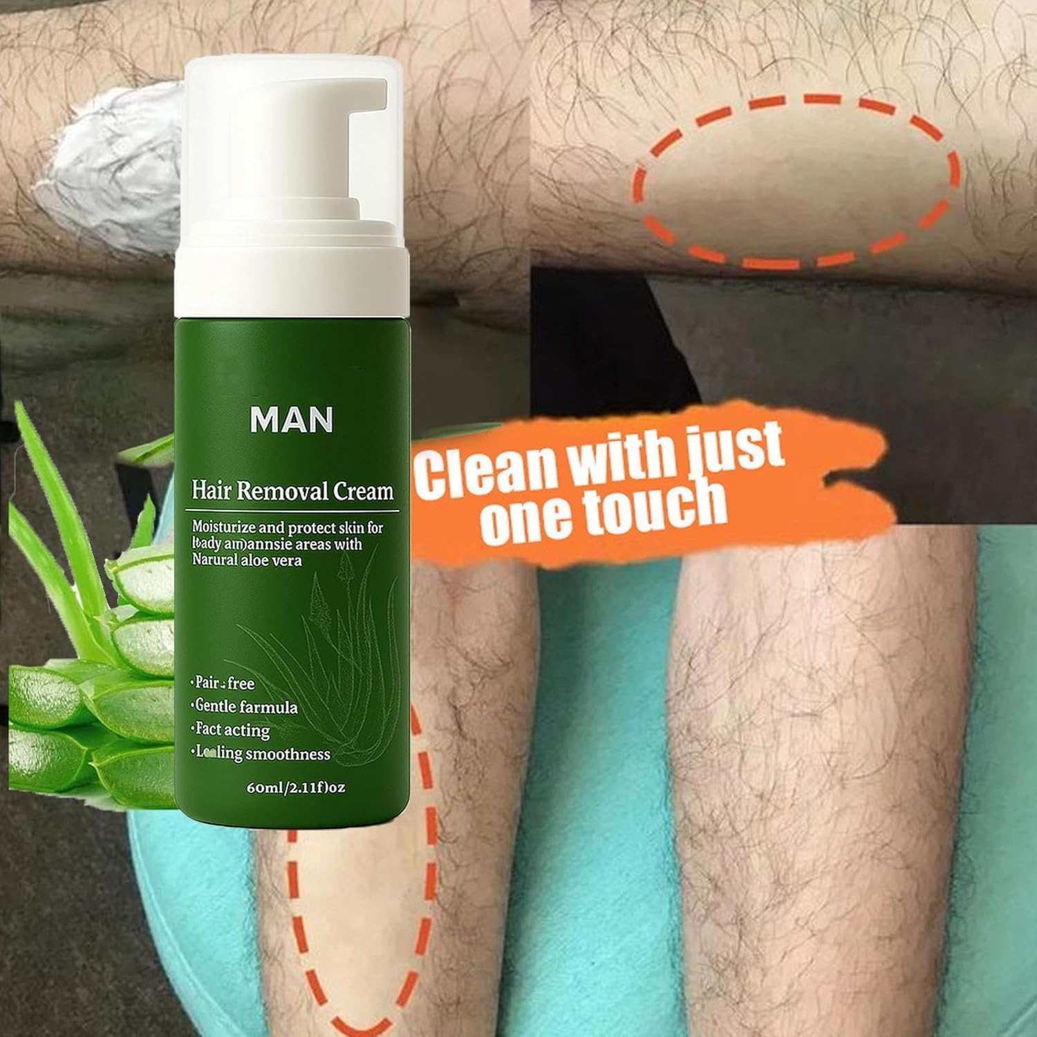 Krem do depilacji Botane Man, naturalny aloes, szybka i delikatna pianka do depilacji, nawilżająca, odżywcza, nieklejąca, do głowy, twarzy i ciała,3PCS