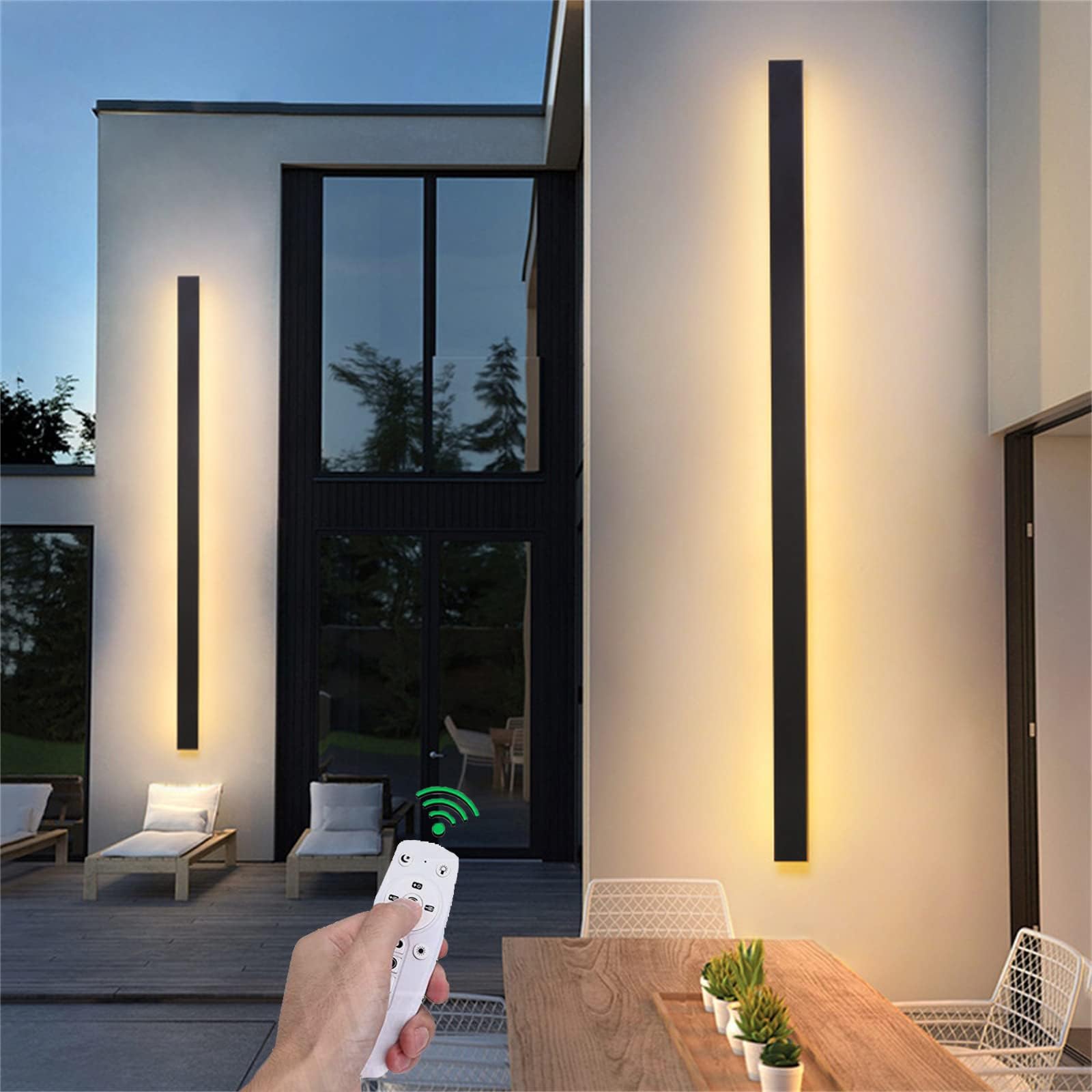 Luces LED Exterior Jardin Aplique de Pared con Mando a Distancia Regulable Lámpara de Pared Interior Largo Barra de Luz Impermeable IP65 Negro Salón Porche Terraza Iluminación de Pared (120cm 66W)