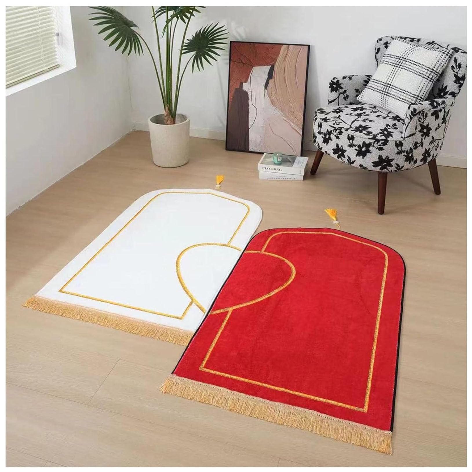 Ensemble de tapis de prière musulmane épais et doux en imitation cachemire pour couples, Ramadan, Aïd, Bayram, cadeau islamique (rouge blanc, 80 x 140 cm)