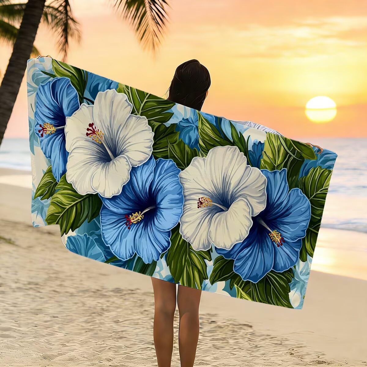 Ręcznik plażowy z mikrofibry, duży ręcznik kąpielowy 100 x 220 cm, zestaw 2 szt. szybkoschnących prześcieradeł kąpielowych w kwiaty, odporny na piasek ręczniki plażowe z mikrofibry do podróży