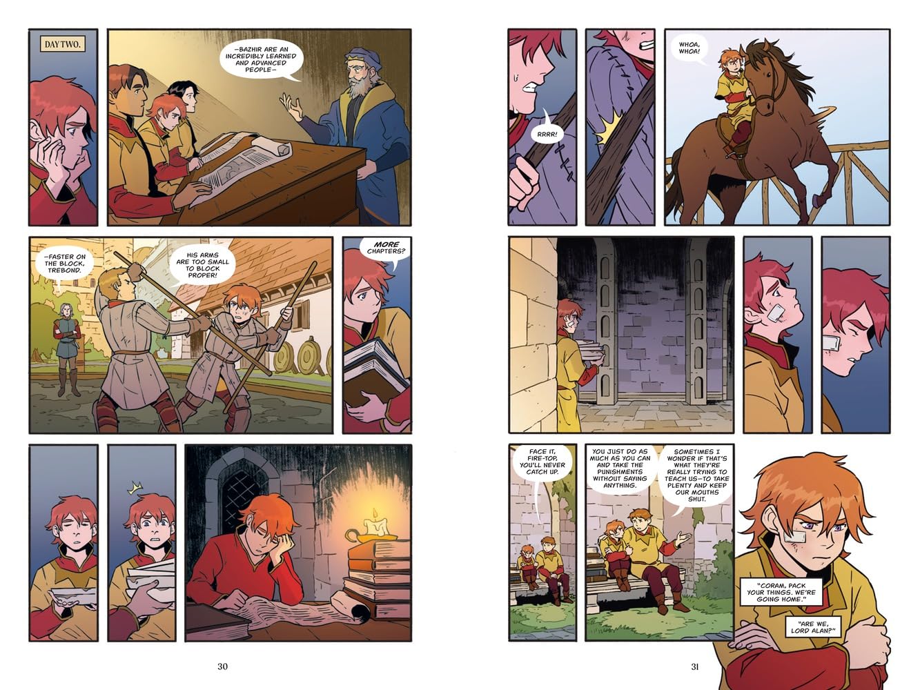 Interior two-page spread from Alanna: The Graphic Novel, featuring the light-skinned, red-haired youth from the cover over the course of several panels studying to be a knight.