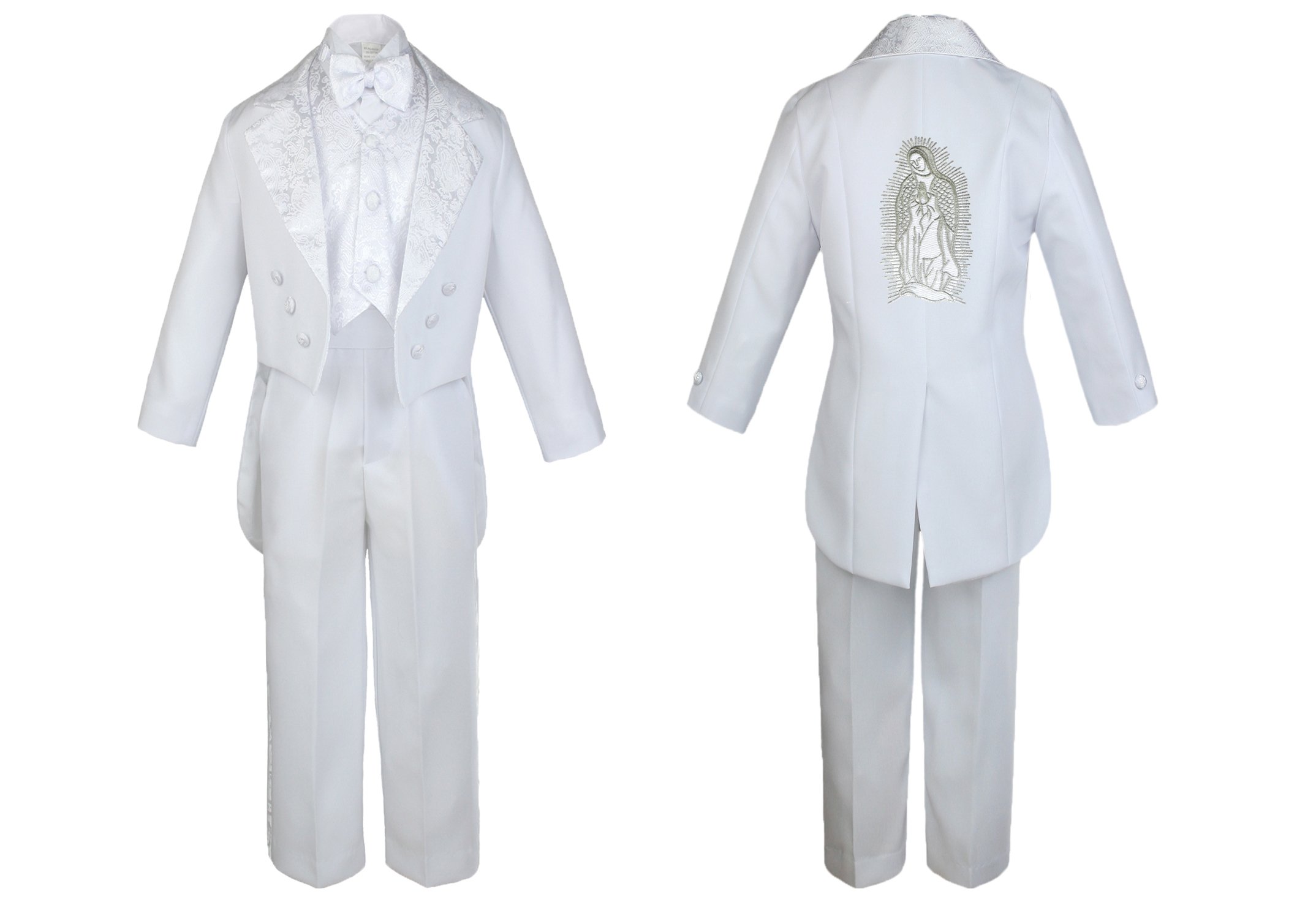Baby Boy Kid Christening Baptism Church White Tail Suit Mary Maria on Back Sm-7 (Medium (6-12 Months), Silver No Word)