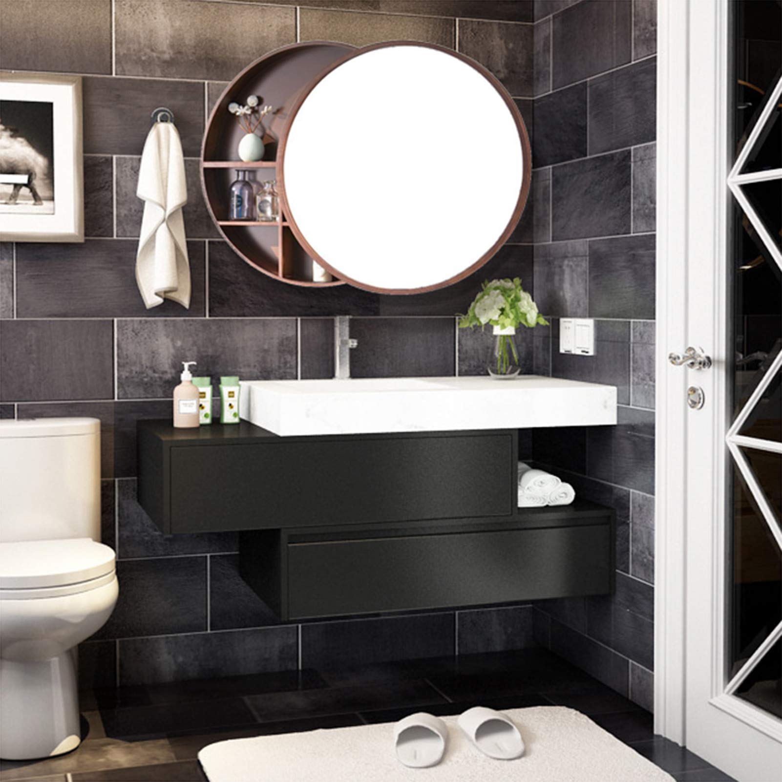 Armadietto Rotondo a Specchio da Bagno, Armadietto da Parete per Medicinali con Porta Scorrevole a Due Vie, Decorazione Domestica,Nero,70cm (Marrone 60cm)