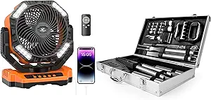 KITWLEMEN Ultimate Camping Bundle: 32P BBQ Tool Set with Aluminum Storage Case & 40000mAh Auto-Oscillating Battery Fan with Light, Got You Covered for A Perfect Camping Adventure