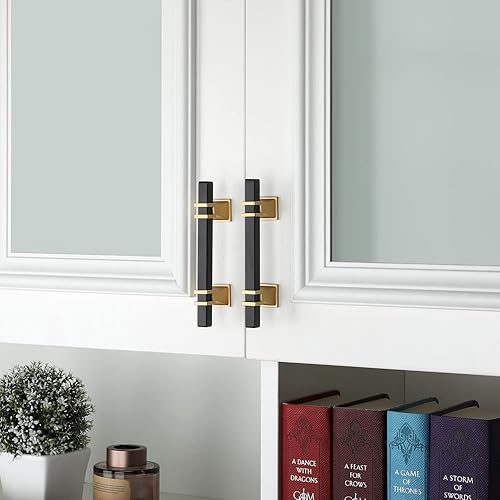 Miniatura 5 de Paquete de 25 tiradores de gabinete negros de 5 pulgadas, manijas de gabinete de color negro mate, manijas de gabinete de cocina negras y doradas,