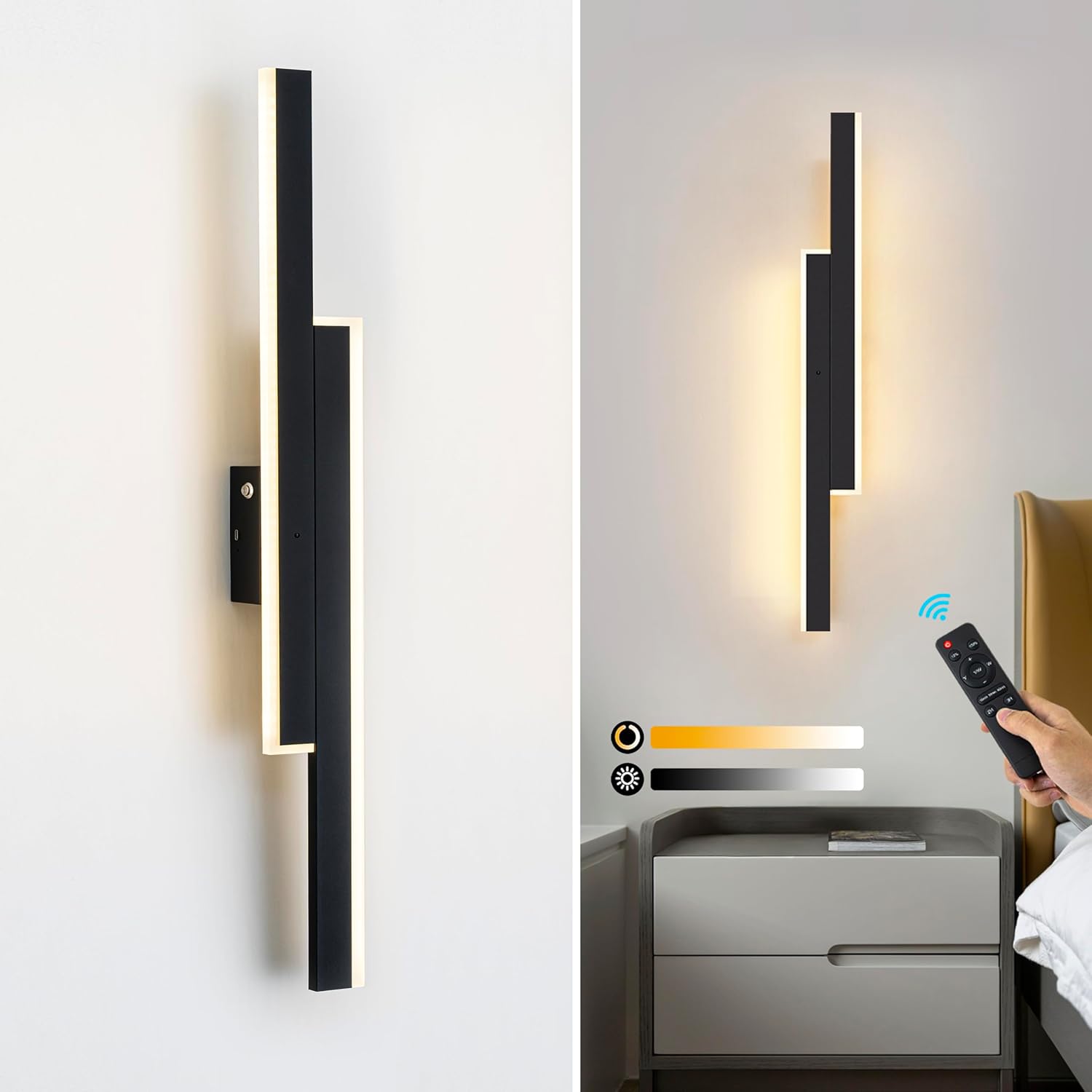 23.6 Inch Battery Operated Wall Sconce, 10000mAh Black Modern Rechargeable Wireless Wall Light with Remote Control/3 Color/Timer, LED Wall Lamp Decor for Living Room Bedroom Hallway Mirror (1 Pack)