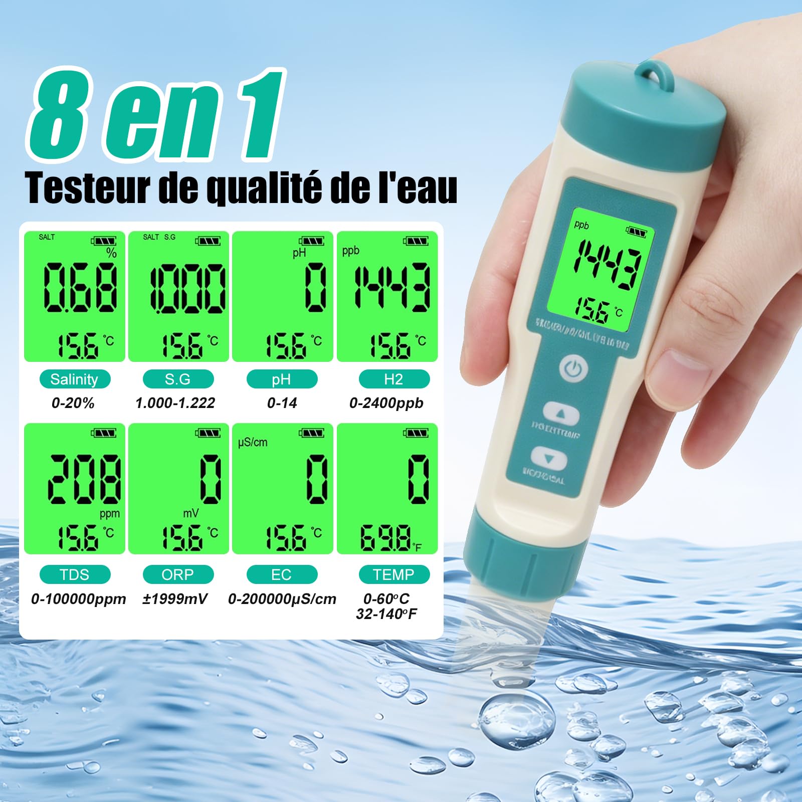 Testeur pH Salinité Piscine, Mesure de EC TDS ORP H2 SALT S.G Temp | 8 in 1 analyseur d'eau de piscine, testeur electronique eau pH, mesure electronique spa, aquarium, eau potable