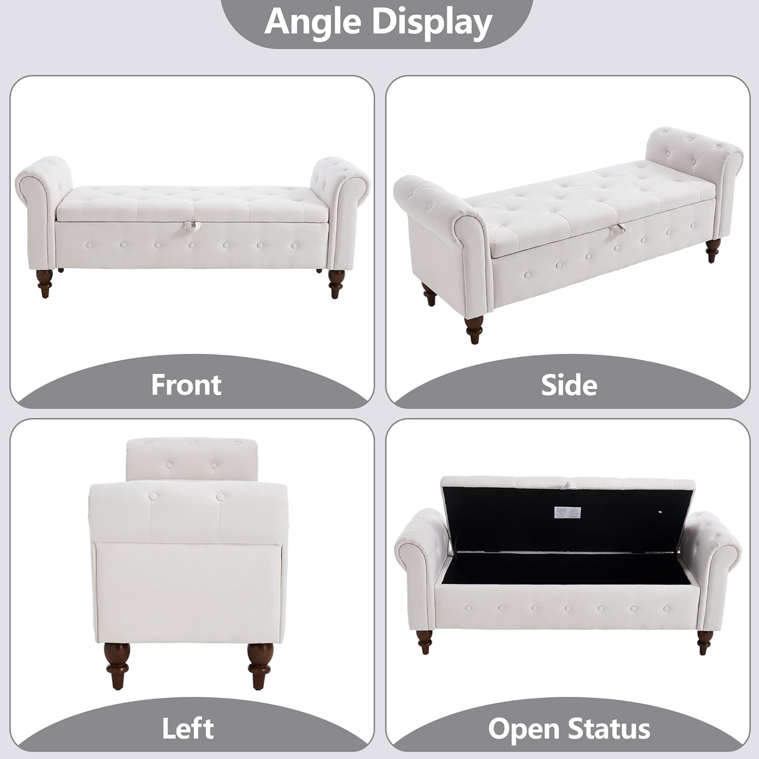 GNIXUU 63" End of Bed Storage Bench for Bedroom, Upholstered End of Bed Bench, Ottoman Seat with Storage for Living Room, Window, Entryway, Beige White Polyester