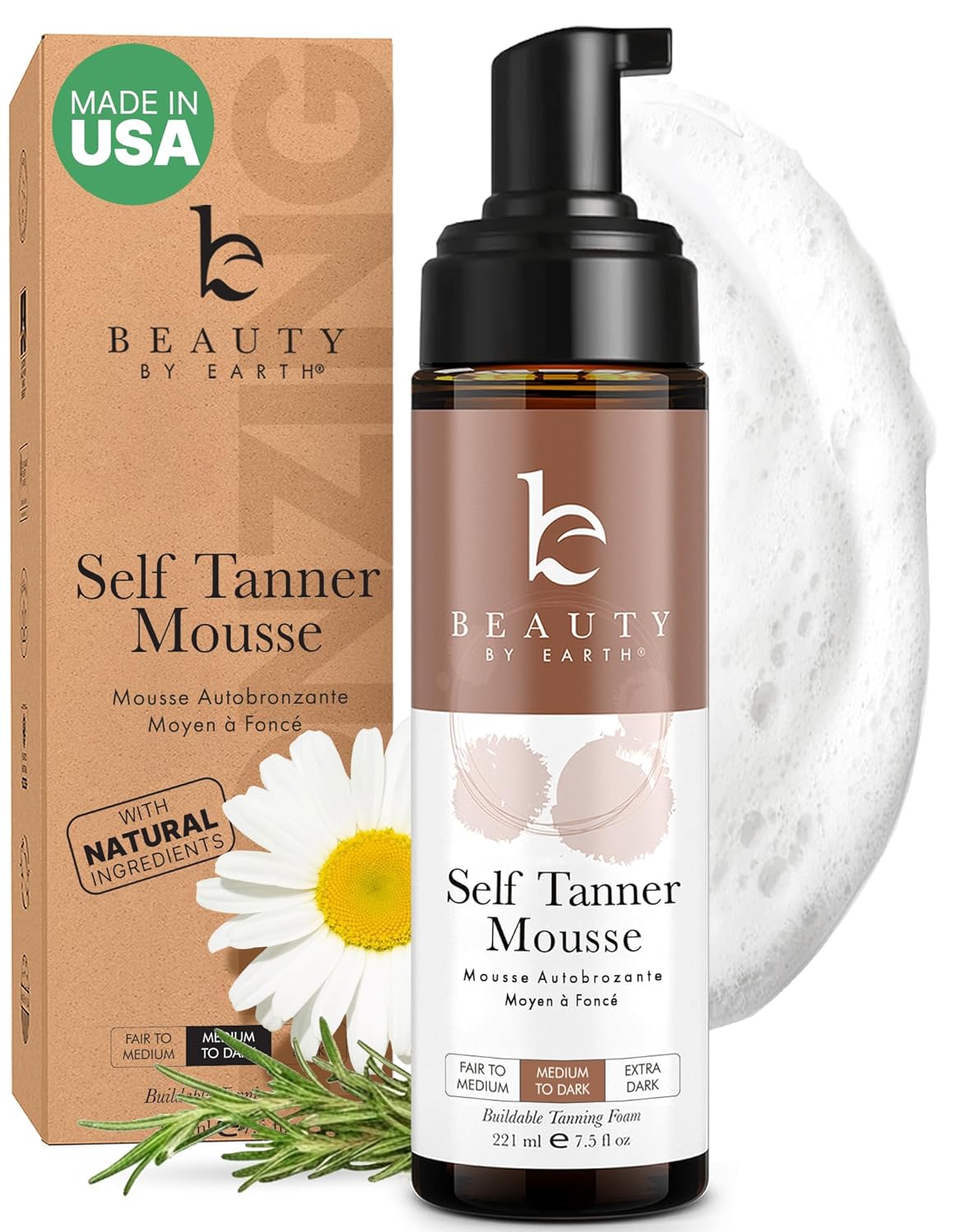 Self Tanner Mousse - USA Made with Natural & Organic Ingredients, Self Tanning Mousse for Dark Fake Tan, Sunless Tanner, Clear & Non Toxic Tanning Foam for Streak Free Finish, No Nasty Smell Self Tanner Mousse - USA Made with Natural & Organic Ingredients, Self Tanning Mousse for Dark Fake Tan, Sunless Tanner, Clear & Non Toxic Tanning Foam for Streak Free Finish, No Nasty Smell
