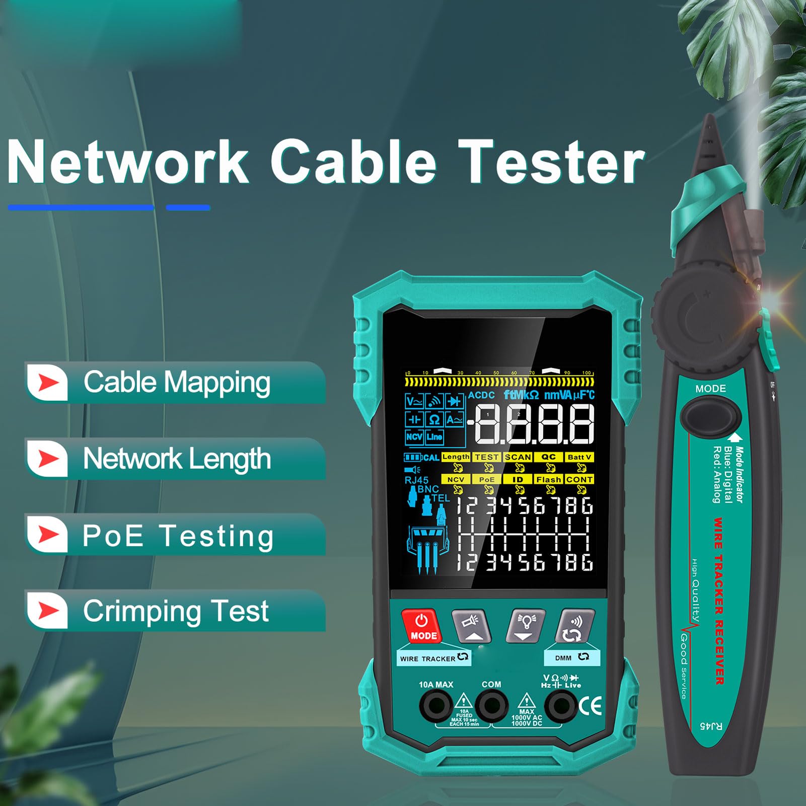 Fyearfly Tester per Cavi di Rete RJ45, Multimetro per Cavi LAN 2 in 1 PoE NCV 400 M di Lunghezza Porta di Misurazione Strumento di Test per Ethernet Lampeggiante, per CAT5 CA