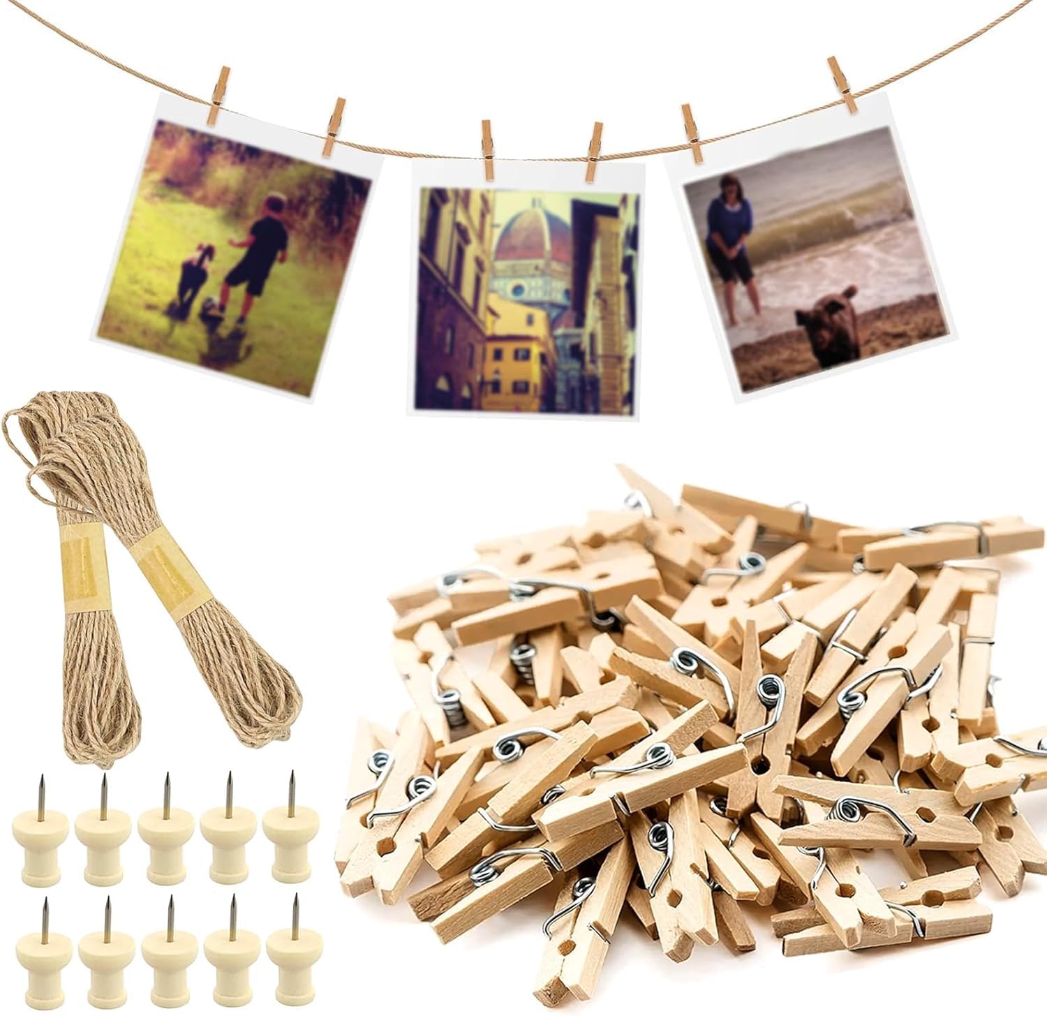 Dolaso Primary Color 172 Pcs Mini Wooden Pegs, 2.5Cm Small Photo Pegs, Natural Photo Clips Peg With 10M Jute String For Christmas Wall Display, Weddings & Party