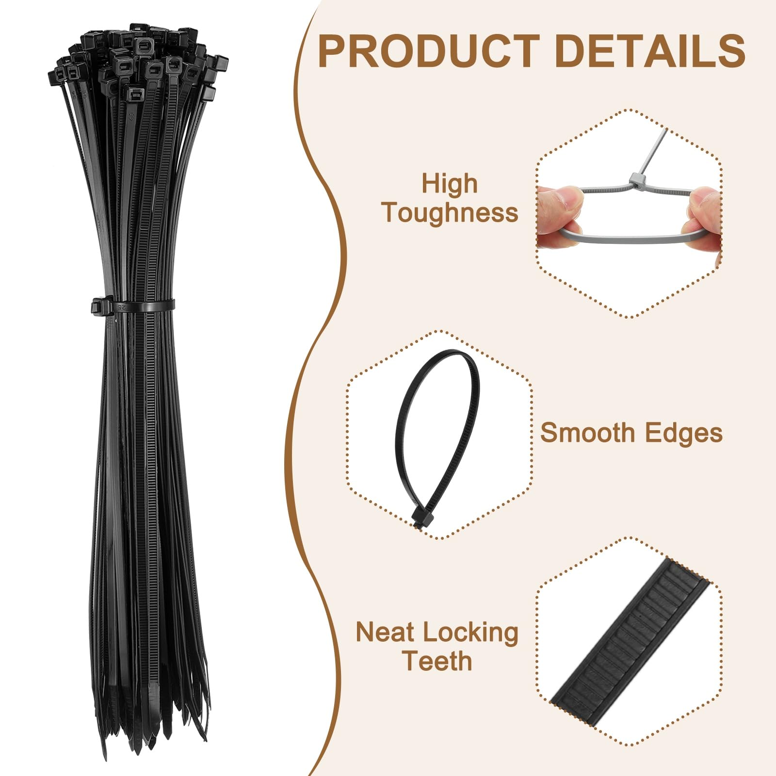 YELARXI Zip Ties Plastic Cable Ties, Self-Locking Wire Zip Tie 12 Inch Fit for Home Garden Office Workshop Travel - (100 Pack, Black) - Image 3