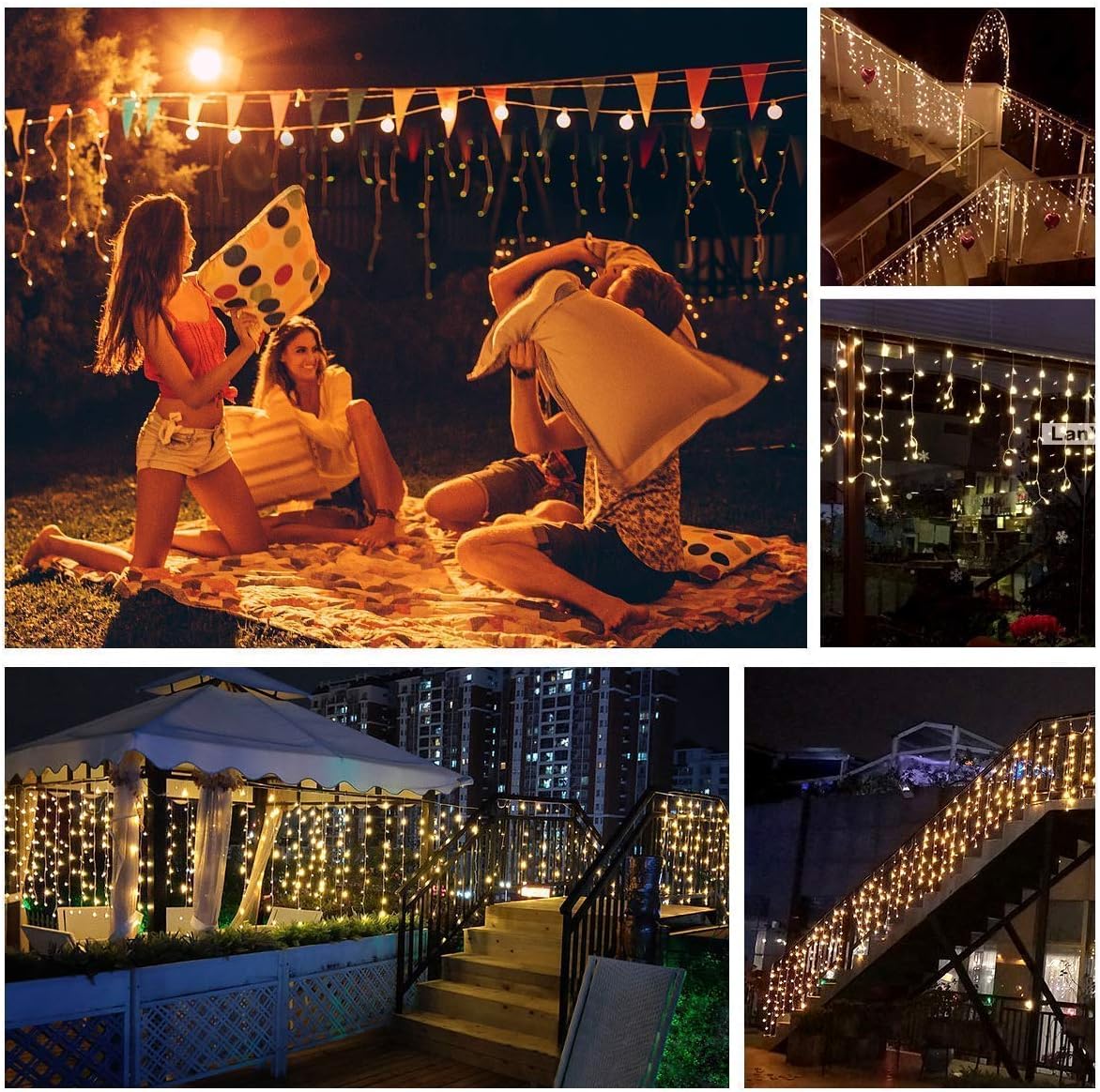Quntis Erweiterbar 144 LED 4m×0,6m Lichtervorhang Eisregen Außen, IP44 Lichterkettenvorhang Warmweiß, Weihnachtsdeko Innen Fenster, Eiszapfen Regenlichterkette, Weihnachtsbeleuchtung Balkon Terrase