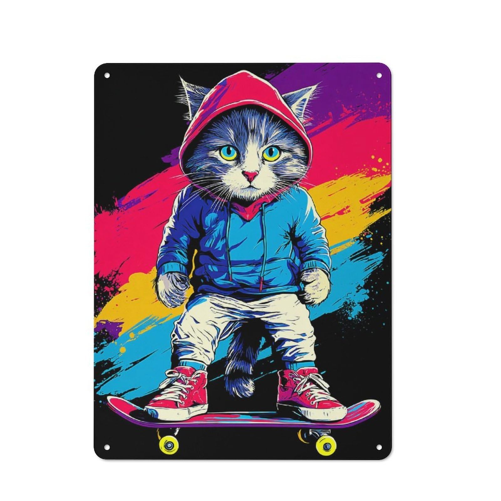 Junmoney Stylish Cat On Skateboard Farmhouse Country Metal Sign 40X30cm, Cottage Wall Art For Farmhouse Kitchen, Pantry Or Dining Area