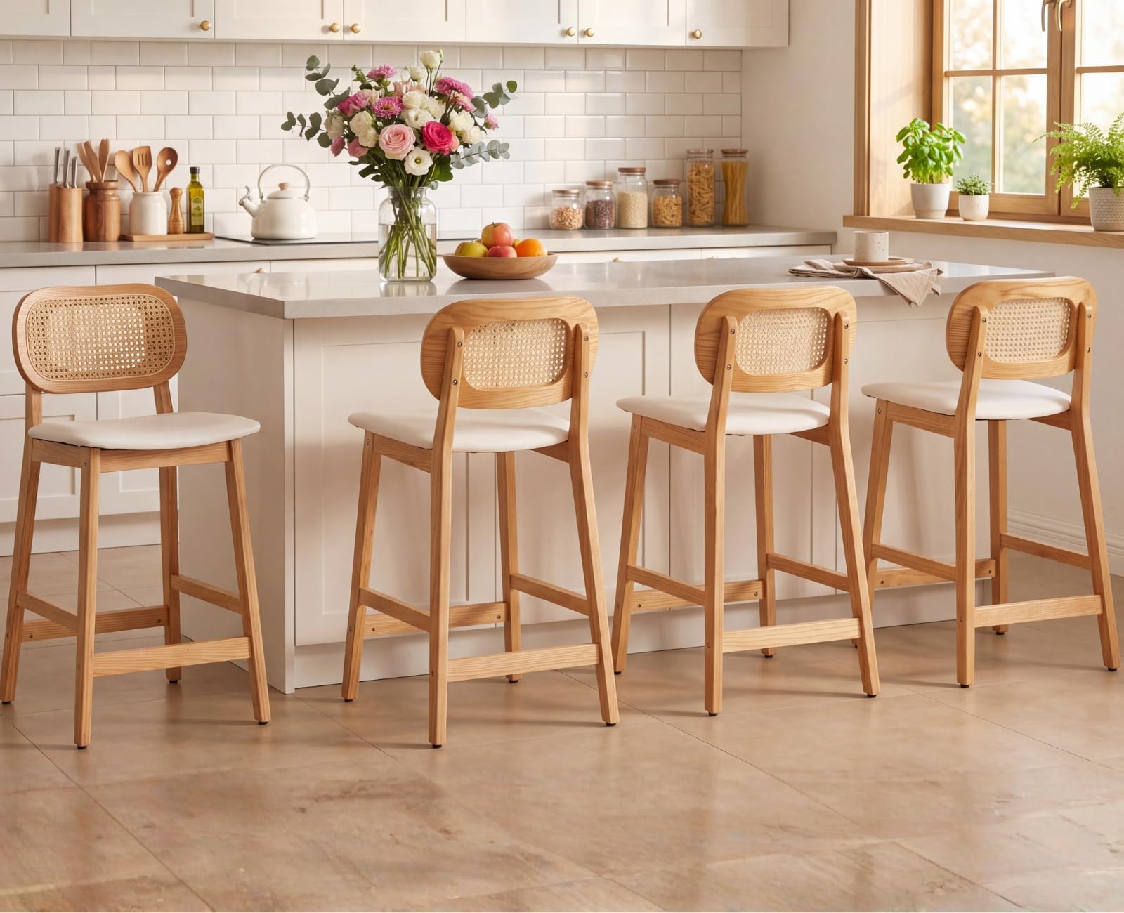 EALSON Counter Height Bar Stools Set of 4 Rattan Back Farmhouse Barstools Mid Century Modern Bar Chairs with Natural Wood Legs Comfortable Leather