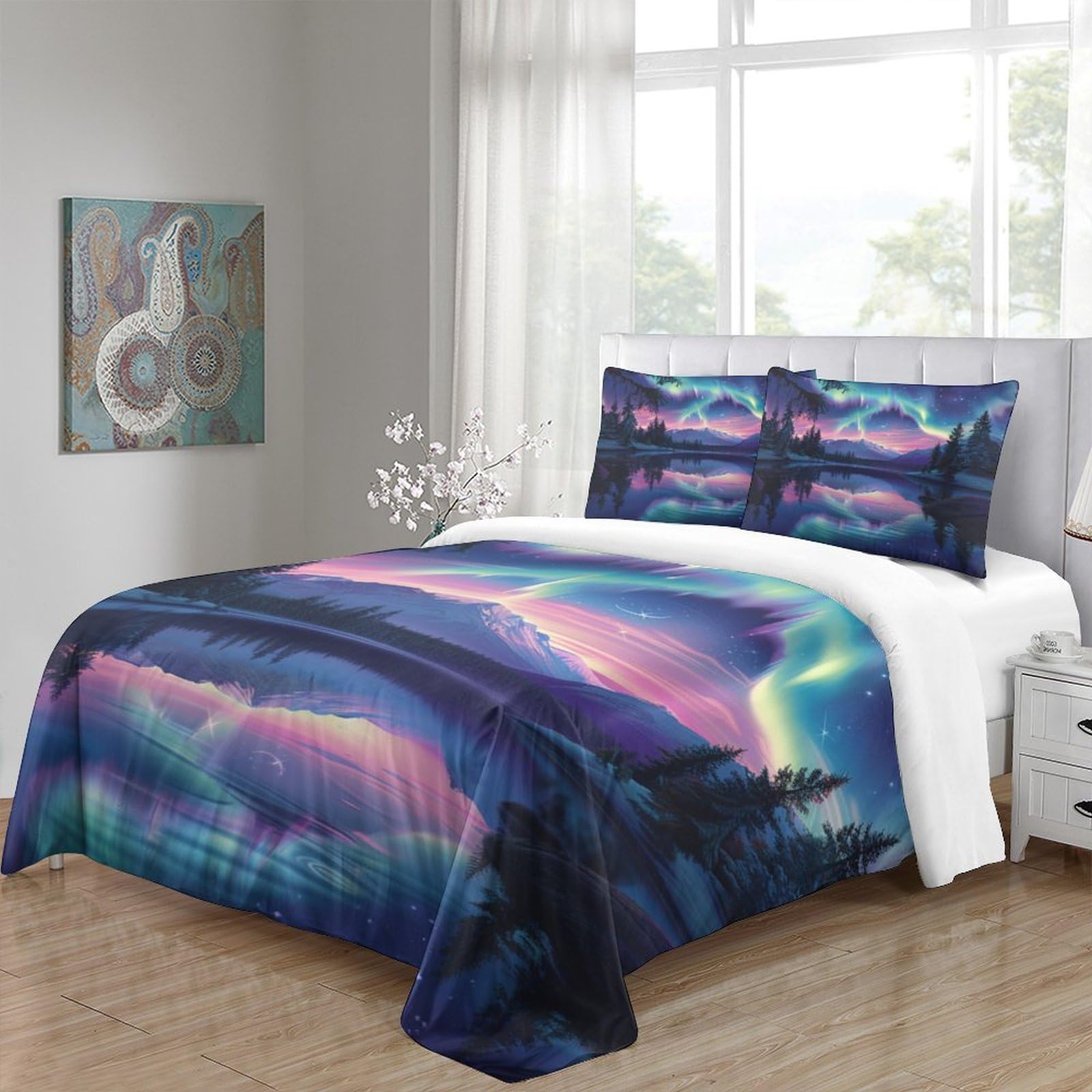 Stampato in 3D Aurora norvegese Copertina Stampata Microfibra Disegnata Biancheria Da Letto Stile Morbido Con 2 Federe,Double（200x200cm）, Per Ragazzi Adulti