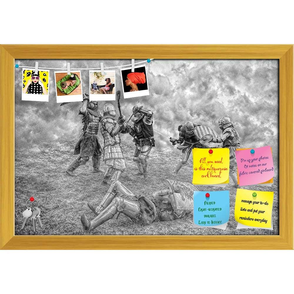 ArtzFolio Medieval Knights Fighting in A Battle Bulletin Board Notice Pin Board | Vision Soft Board Combo with Thumb Push Pins | Golden Frame 17.5 x 12 inch (44 x 30 cms)