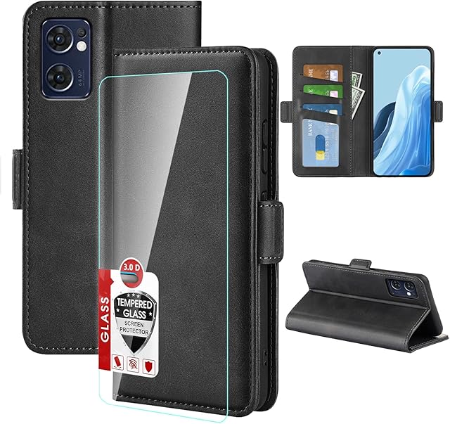 Pemuyak Leather Case for OPPO Find X5 lite 5G Case with HD Tempered Glass Screen Protector, [Magnetic Closure][Card Slots] Stand Leather Flip Shockproof Cover for OPPO Find X5 lite - Black